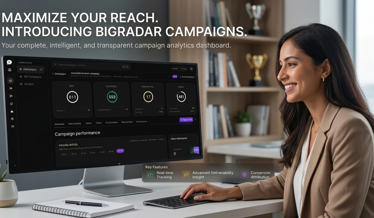 BigRadar Campaigns deliverability dashboard showing sent, delivered, pending and opens