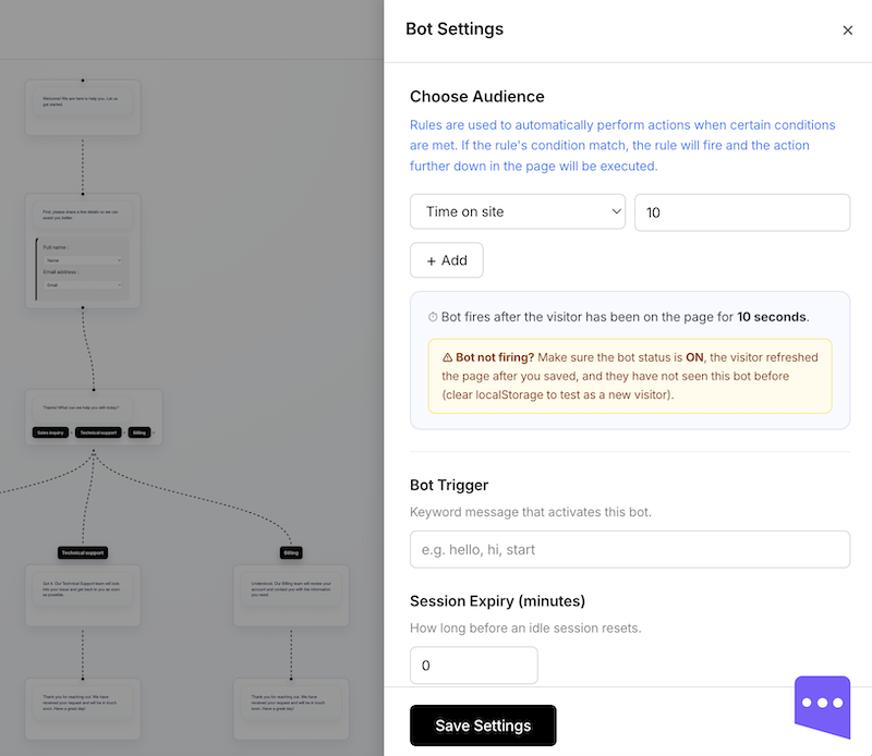 Bot settings panel for choosing audience and trigger rules