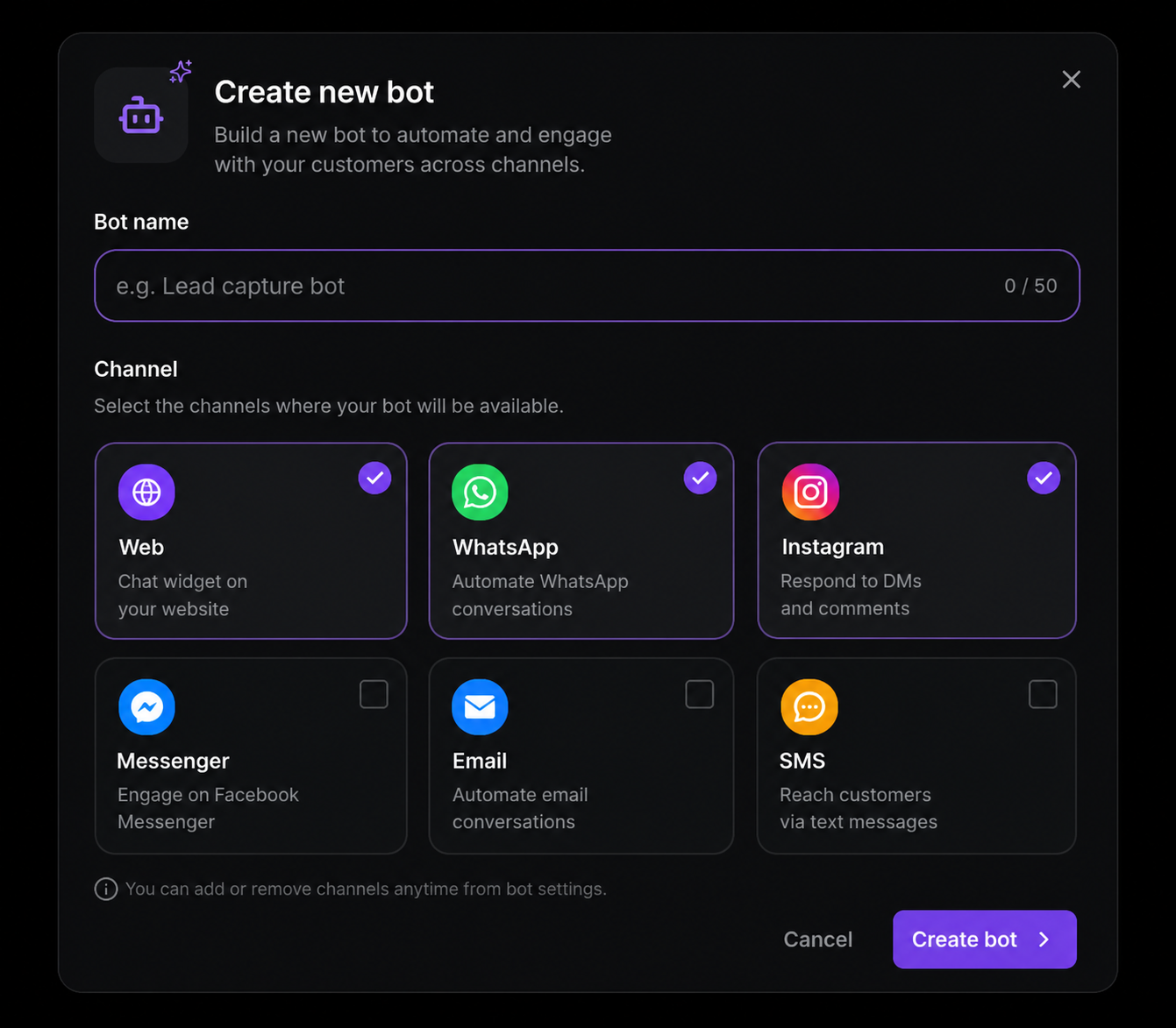Create new bot dialog with WhatsApp, Instagram, Web and more channels selected