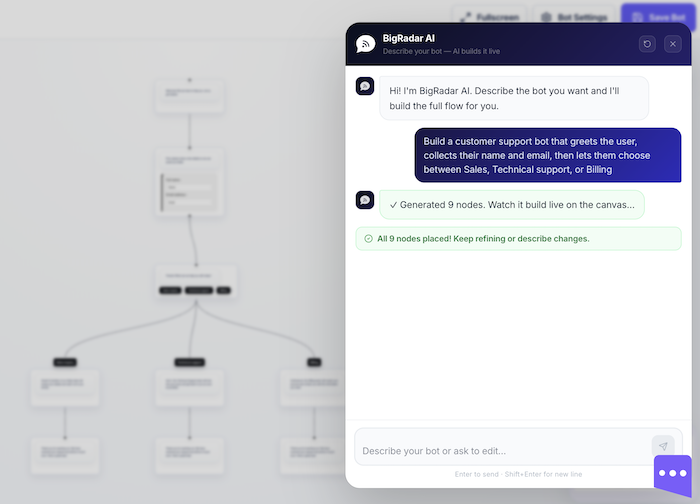BigRadar AI building a chatbot flow from a text prompt