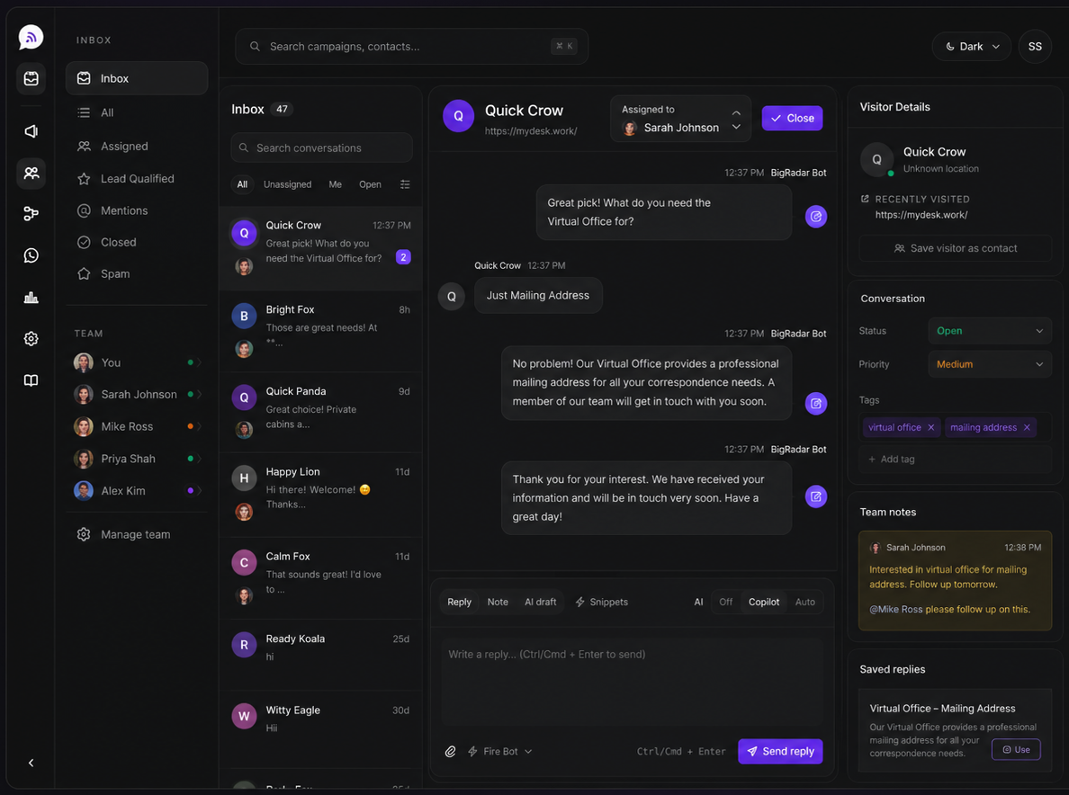BigRadar shared team inbox with assignment, tags and team notes