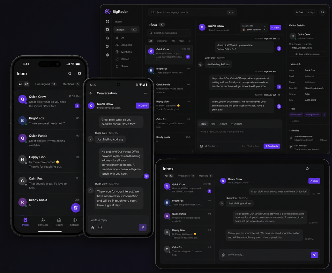 BigRadar inbox shown across desktop and native iOS/Android apps